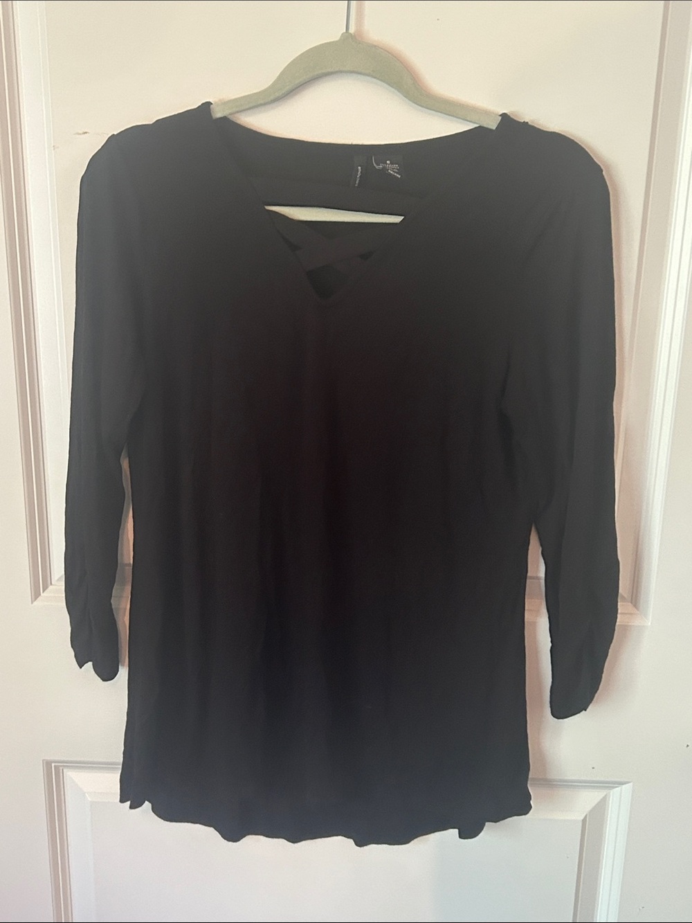 new directions Black Long-Sleeve V-Neck Top with Crisscross Detail